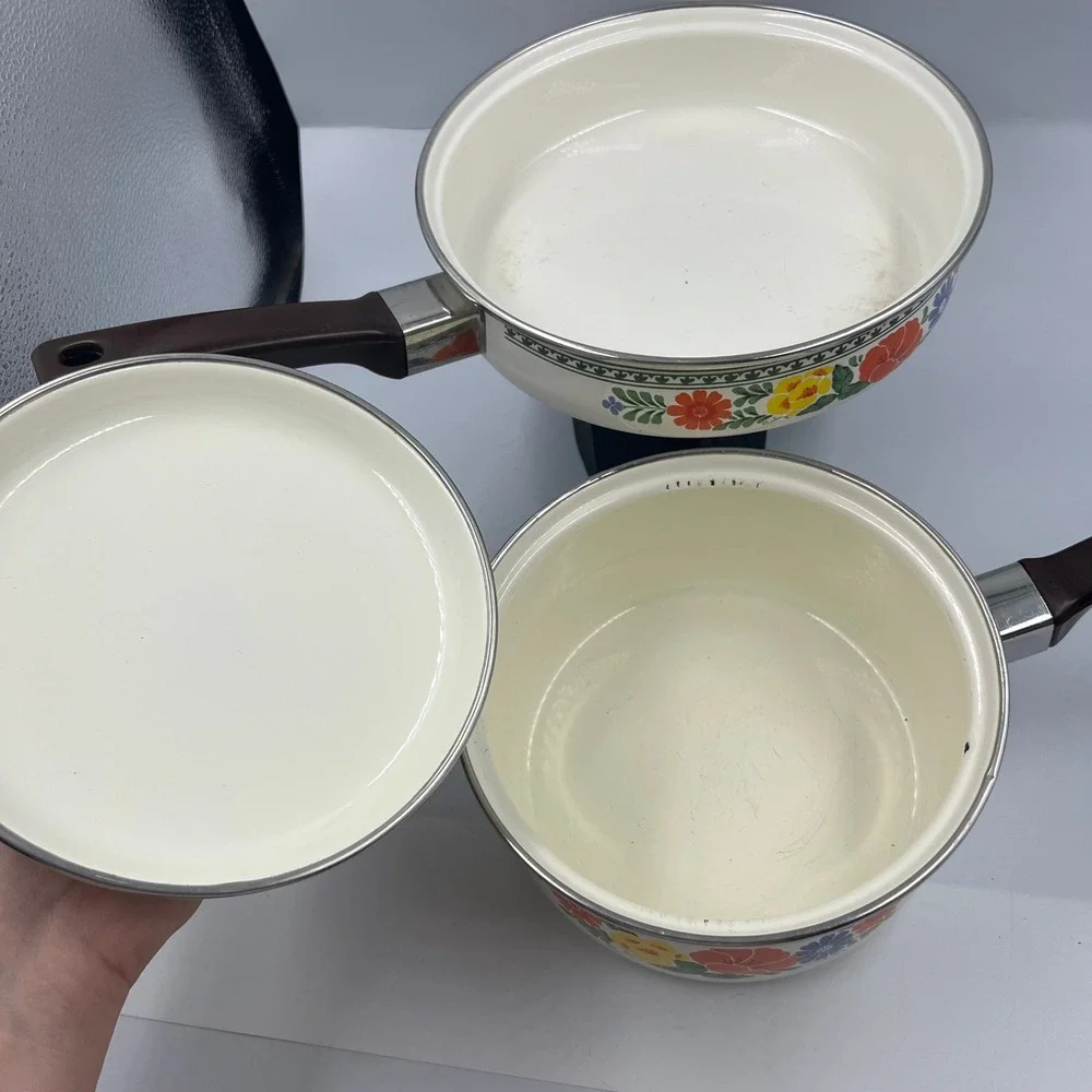 Vintage Villeroy & Boch Alt Amsterdam Floral Enamel Saucepan Skillet Set Cream